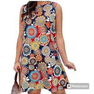 4XL Emery Rose Floral Mandala Print Crew Neck Sleeveless Midi Sun Dress